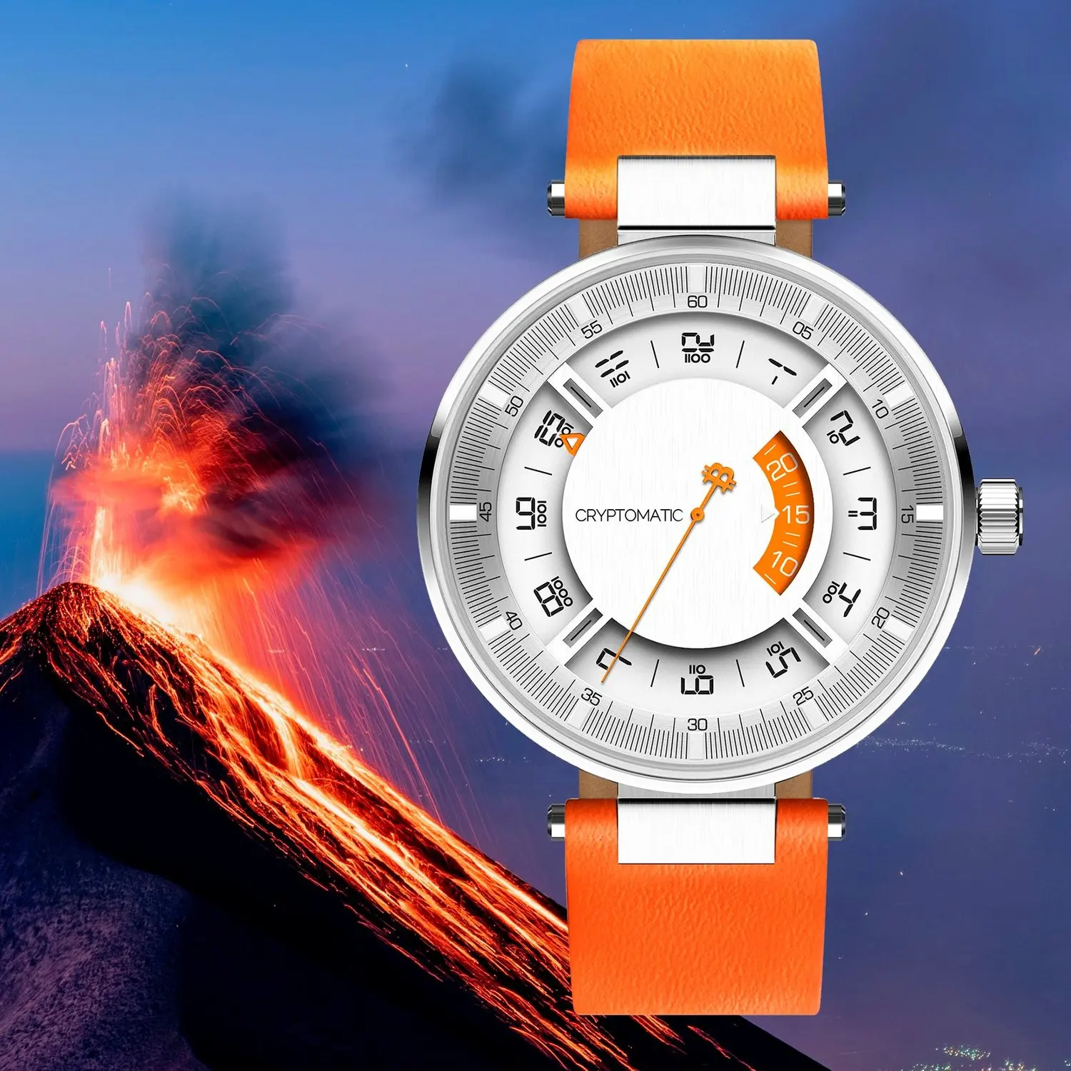 A bitcoin wristwatch with a white face, orange strap and black markers, superimposed over an erupting volcano at dusk.