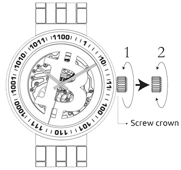 Technical diagram of a wristwatch showing the crown positions used to set the time.